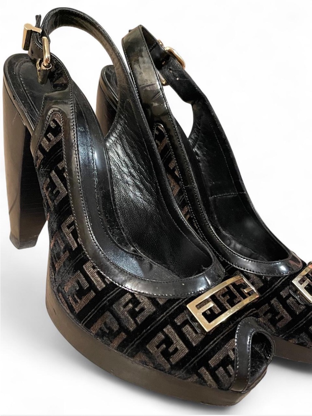 Fendi Heels -Vintage Zucca FF Monogram Velvet Peep-Toe Platform Slingback Sz: 39